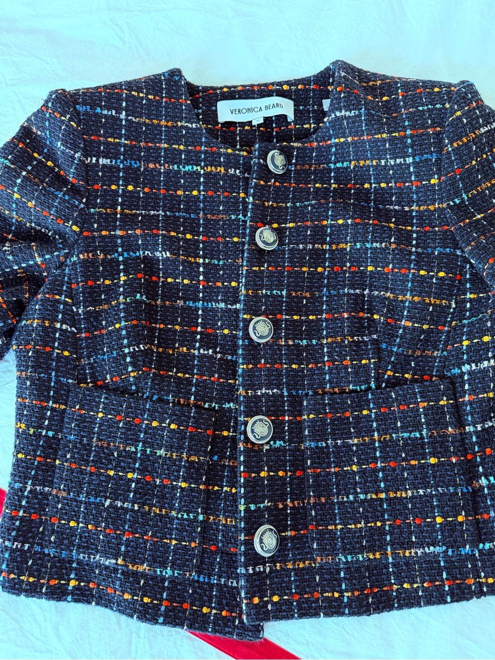 Veronica Beard Navy Multicolor Tweed Collarless Blazer - Picture 4 of 6